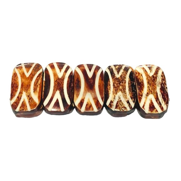 Vintage Brown and White Dyed Carved Bovine Bone Stretch Bracelet Boho Tribal EUC - Picture 6 of 7